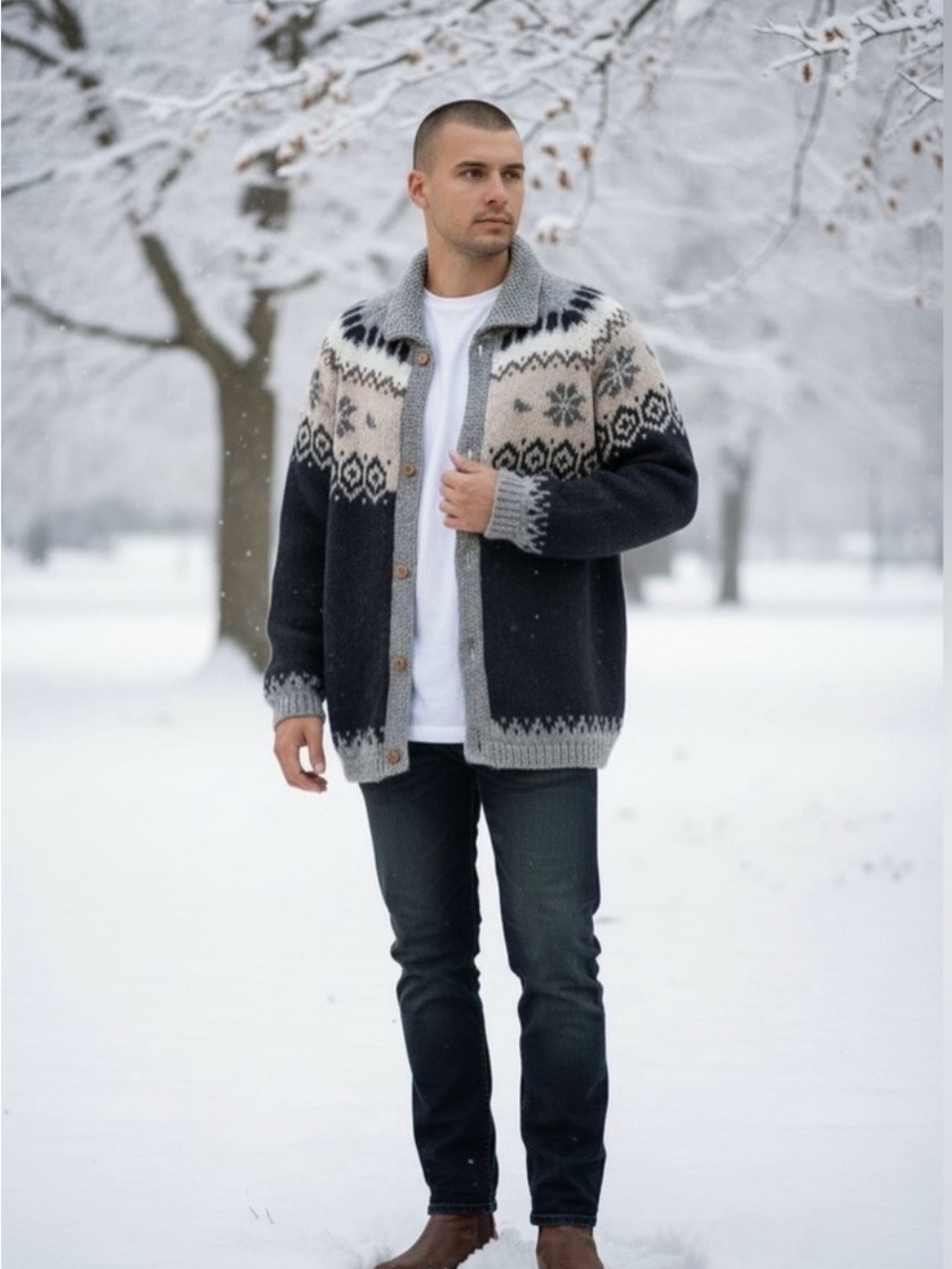 The Alpaca Connection VTG Alpaca Knit Nordic Pattern Button-Up Cardigan Sweater